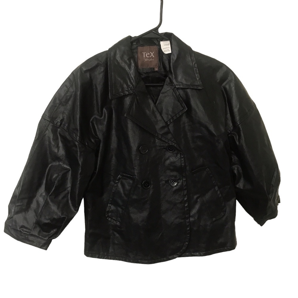 Tex Azria 100% leather black crop double breasted balloon sleeve crop jacket
